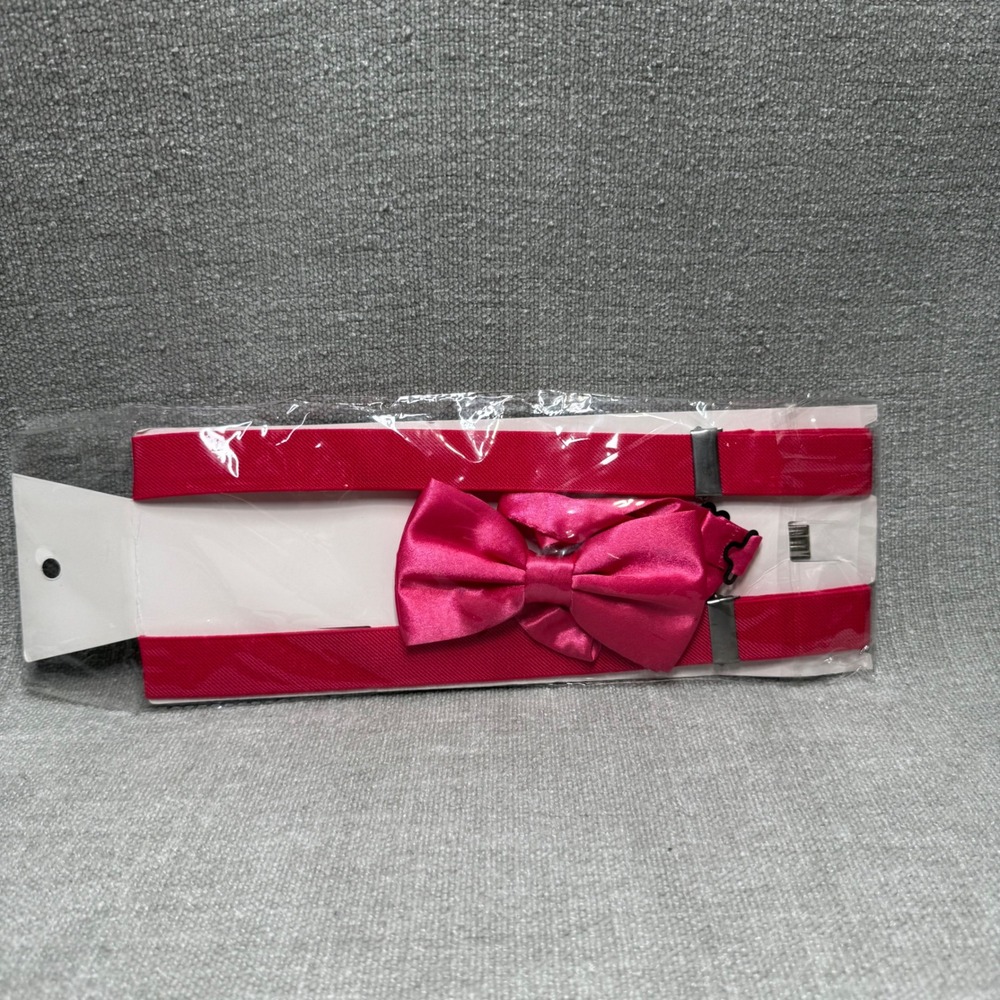 Hot Pink Suspenders and Bow Tie Set Neon Magenta Adjustable Elastic Y-Back NWT